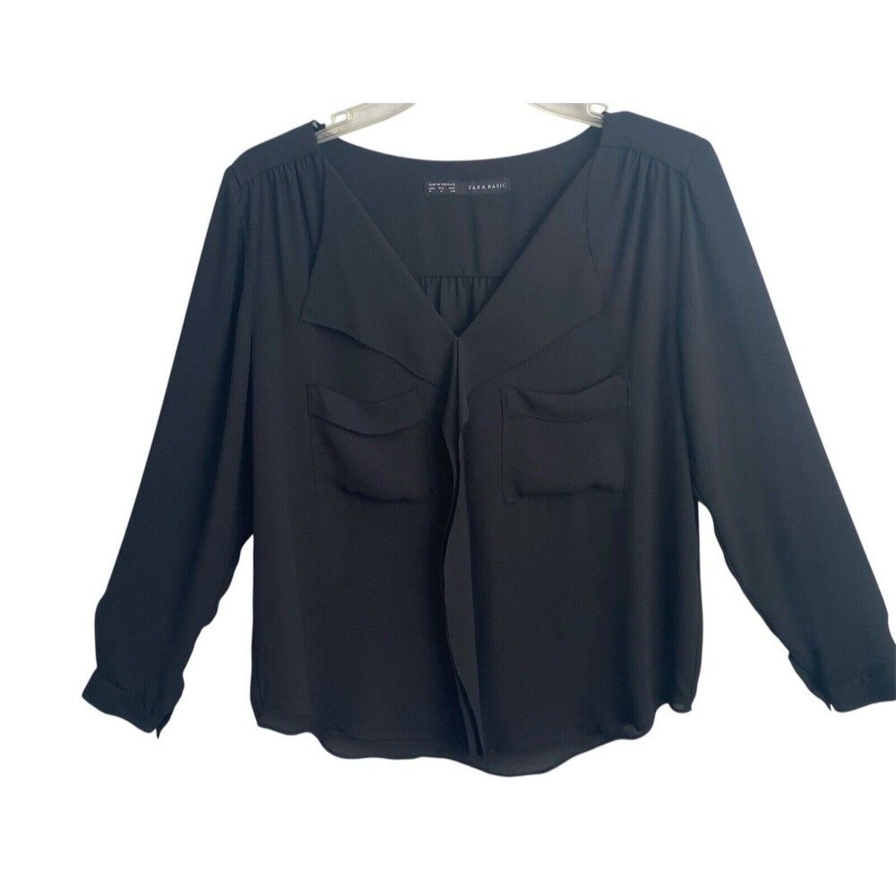 ZARA Basic Black Long Sleeve Women's‎ Medium Blouse V Neck Collar Sheer Pullover